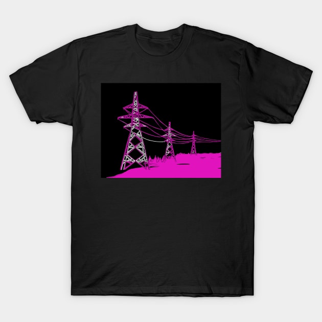 Pylons Linocut in Pink and Black T-Shirt by Maddybennettart